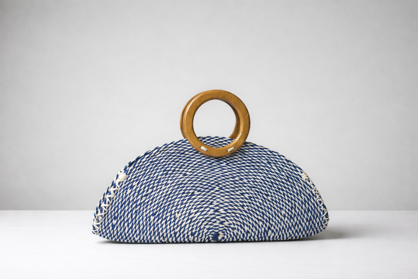 Toquilla Straw Half Moon Handbag – Blue Woven Clutch with Wooden Handle, Artisan Ecuador Bag, Statement Resort Purse