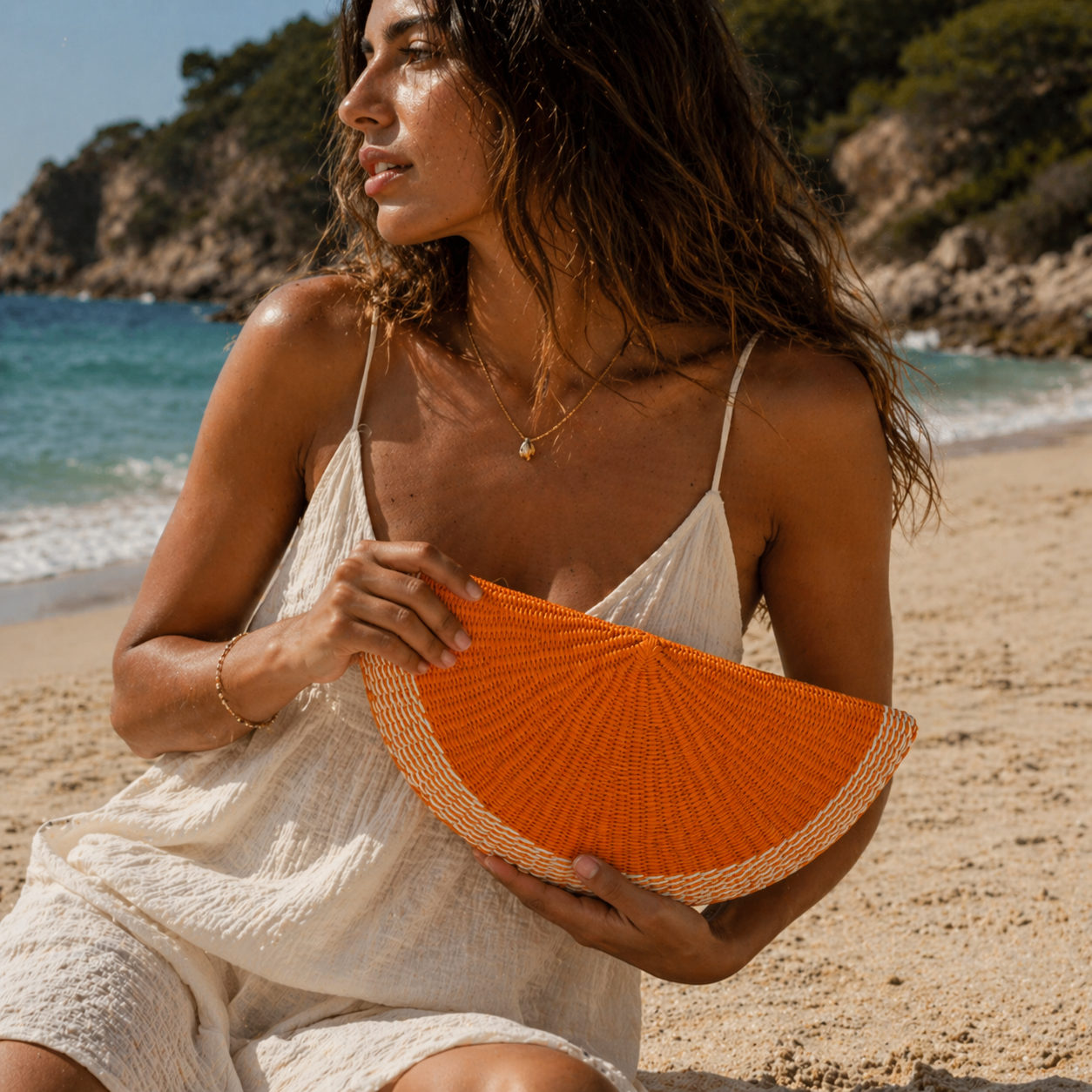 Toquilla Straw Half Moon Clutch – Orange Woven Statement Bag, Handwoven Artisan Purse, Summer Resort Clutch