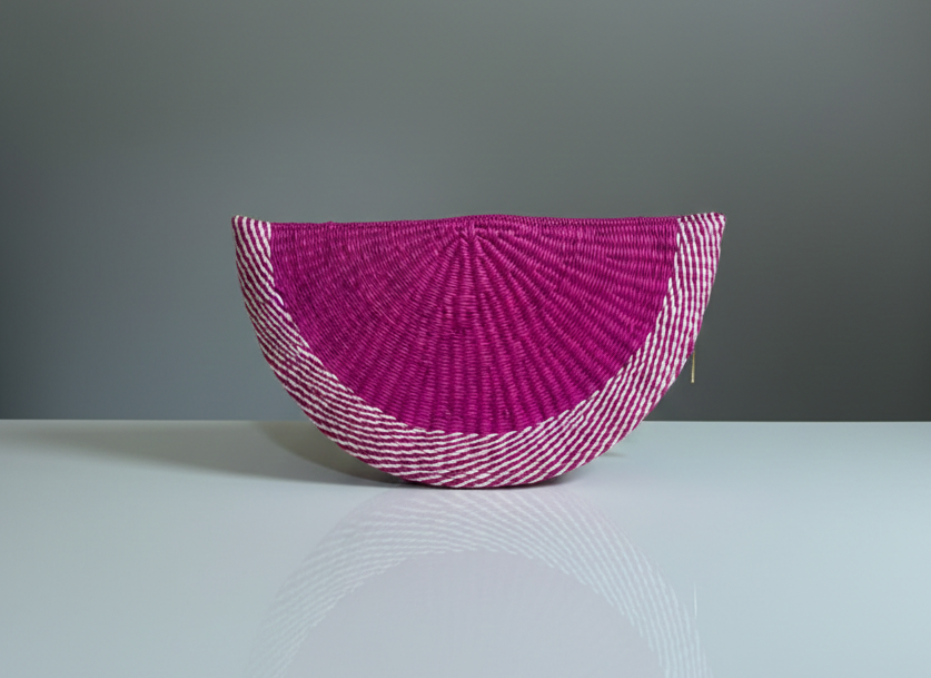 Toquilla Straw Handwoven Clutch – Pink Statement Half Moon Bag, Artisan Ecuador Purse, Summer Evening Handbag