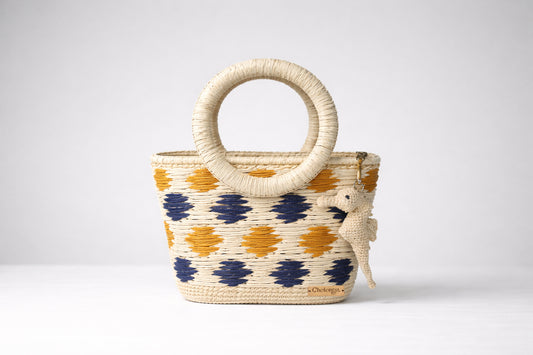 Toquilla Straw Handwoven Tote Bag – Blue & Mustard Woven Handbag, Artisan Ecuador Purse, Eco Friendly Summer Beach Bag