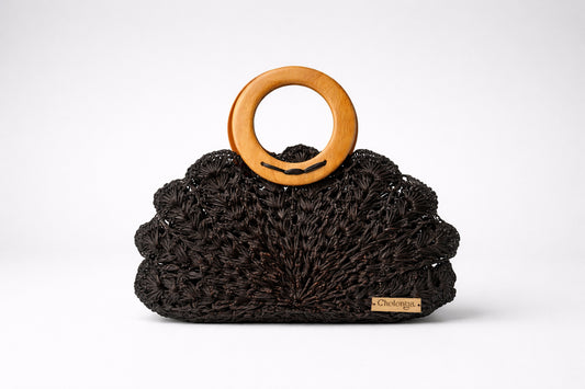 Black Toquilla Straw Top Handle Clutch – Handwoven Artisan Handbag, Sculptural Evening Bag, Luxury Ecuador Purse