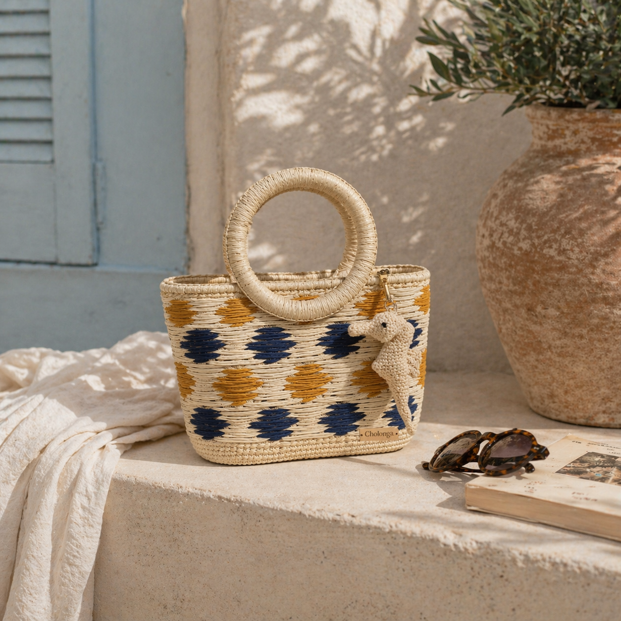 Toquilla Straw Handwoven Tote Bag – Blue & Mustard Woven Handbag, Artisan Ecuador Purse, Eco Friendly Summer Beach Bag