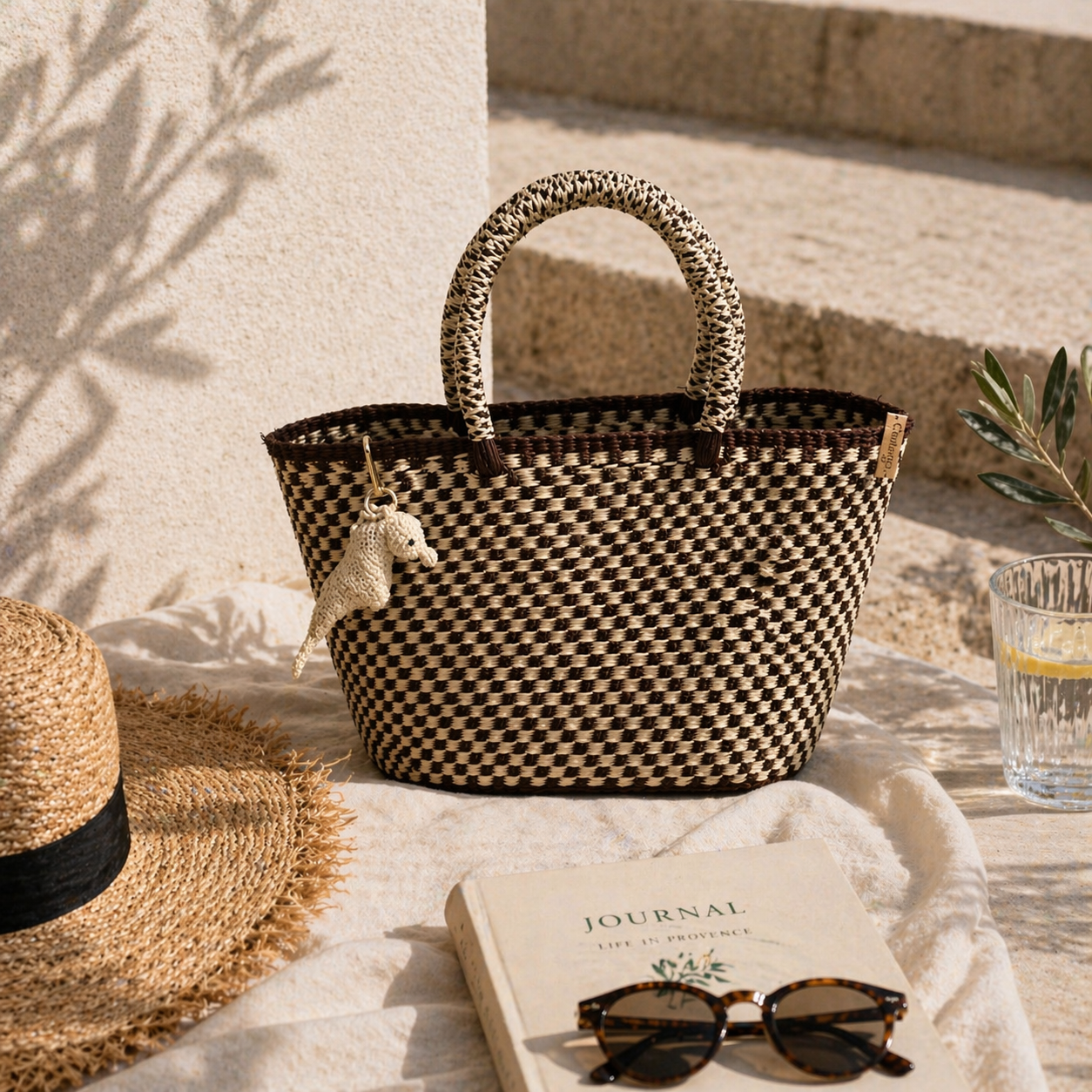 Toquilla Straw Handwoven Tote Bag – Brown & Natural Woven Handbag, Artisan Ecuador Purse, Eco Friendly Summer Beach Bag