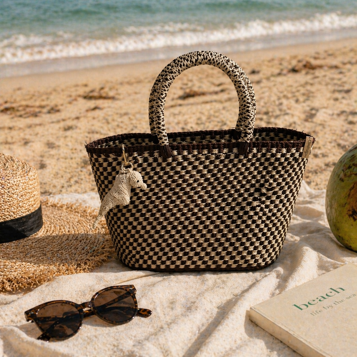 Toquilla Straw Handwoven Tote Bag – Brown & Natural Woven Handbag, Artisan Ecuador Purse, Eco Friendly Summer Beach Bag