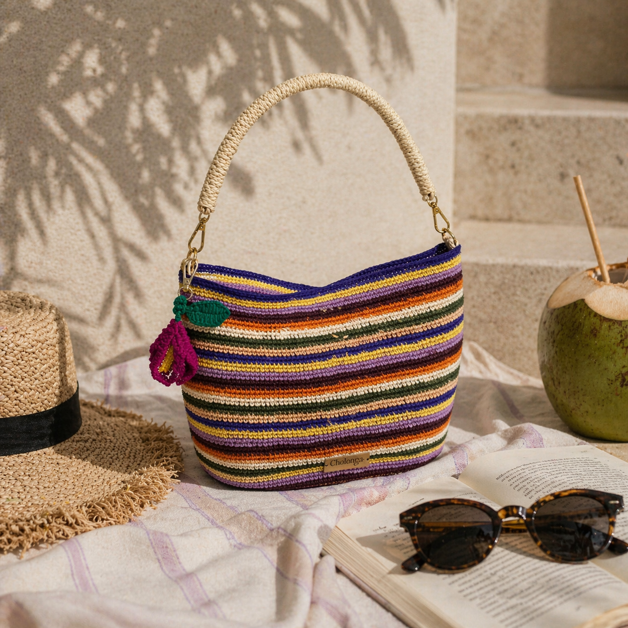 Toquilla Straw Handwoven Shoulder Bag – Colorful Striped Boho Handbag, Artisan Ecuador Purse, Summer Festival Bag