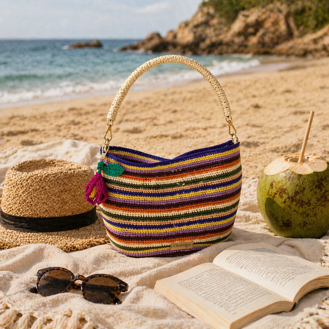 Toquilla Straw Handwoven Shoulder Bag – Colorful Striped Boho Handbag, Artisan Ecuador Purse, Summer Festival Bag