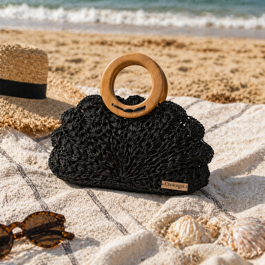Black Toquilla Straw Top Handle Clutch – Handwoven Artisan Handbag, Sculptural Evening Bag, Luxury Ecuador Purse