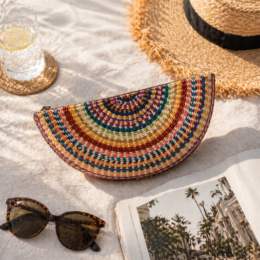 Multicolor Toquilla Straw Half Moon Clutch – Colorful Woven Summer Bag, Handmade Artisan Purse, Boho Statement Clutch