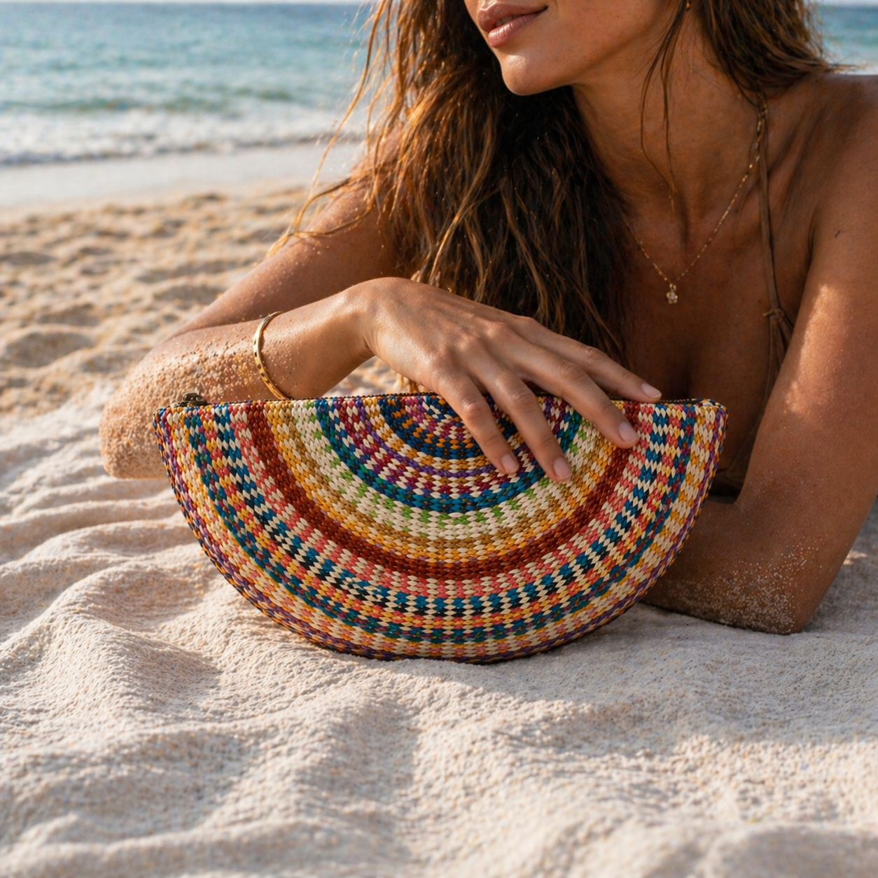 Multicolor Toquilla Straw Half Moon Clutch – Colorful Woven Summer Bag, Handmade Artisan Purse, Boho Statement Clutch
