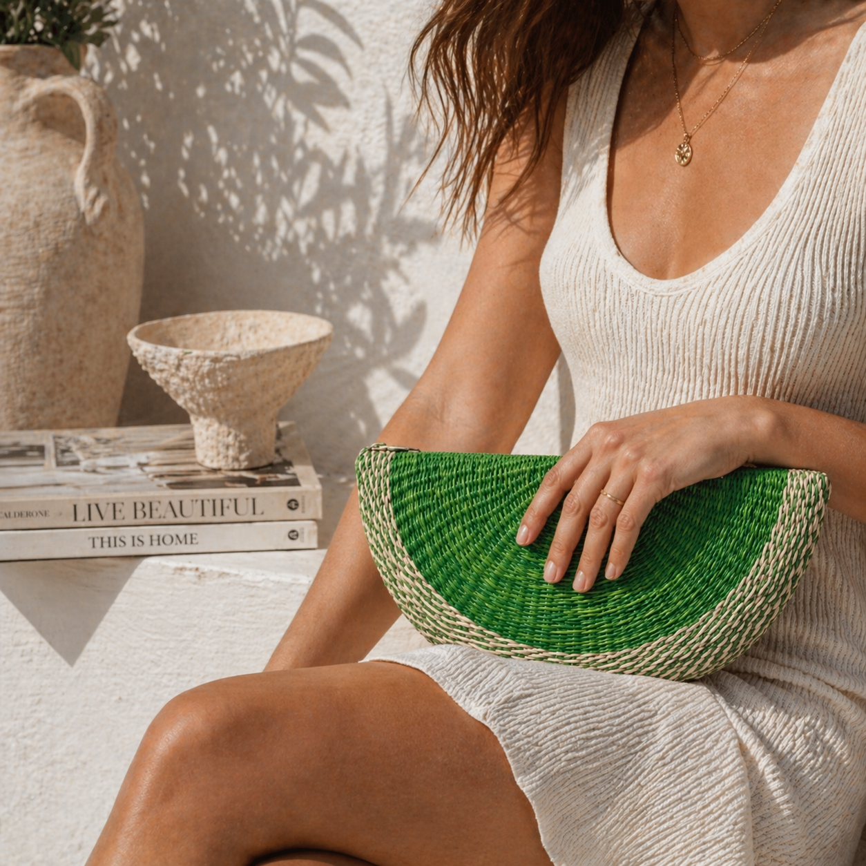 Green Toquilla Straw Half Moon Clutch – Handmade Woven Summer Bag, Boho Statement Clutch, Artisan Purse