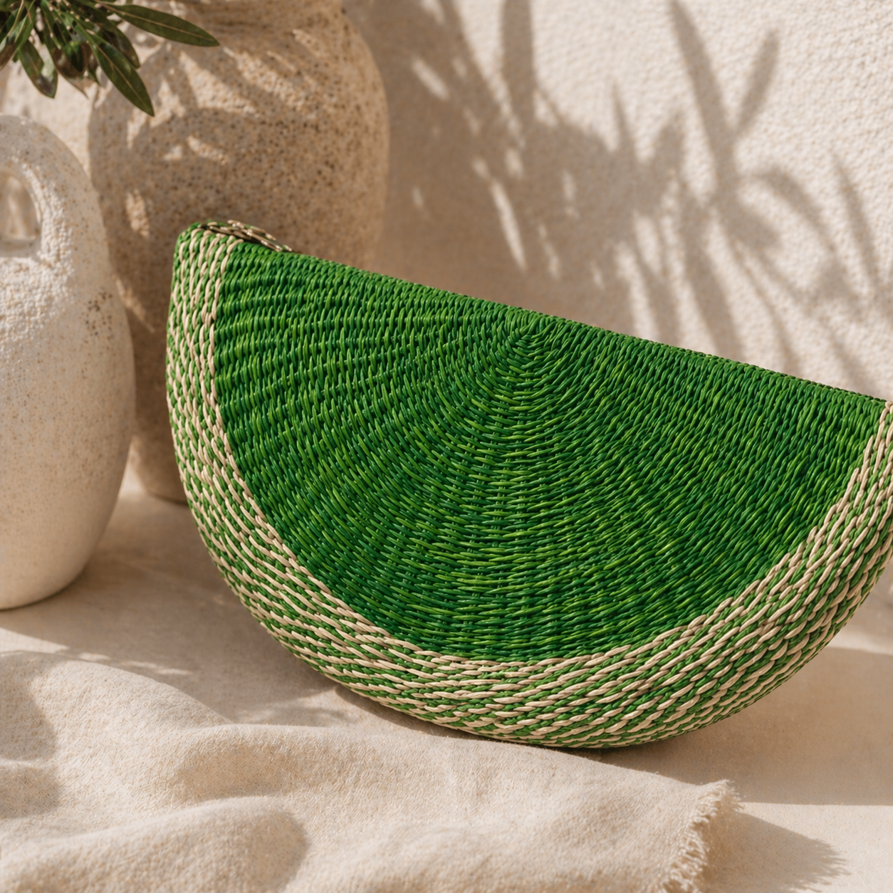 Green Toquilla Straw Half Moon Clutch – Handmade Woven Summer Bag, Boho Statement Clutch, Artisan Purse