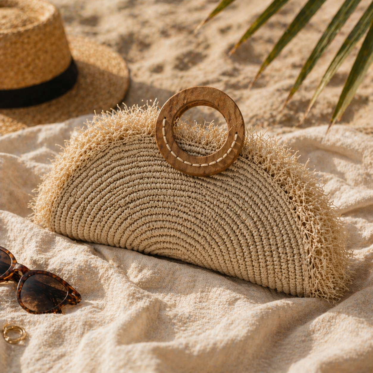Toquilla Straw Fringe Clutch – Statement Half Moon Bag, Handmade Artisan Purse, Boho Luxury Summer Bag