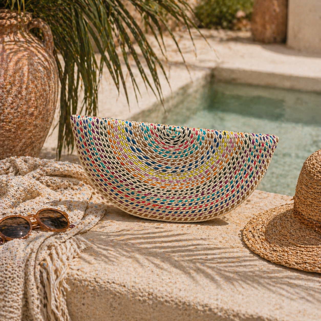 Toquilla Straw Half Moon Clutch – Multicolor Woven Statement Bag, Handmade Artisan Purse, Boho Summer Clutch