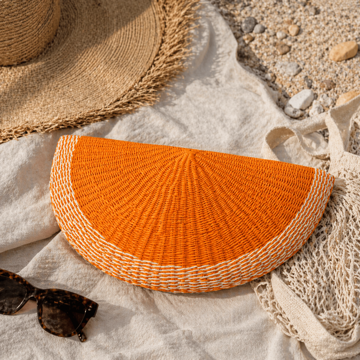 Toquilla Straw Half Moon Clutch – Orange Woven Statement Bag, Handwoven Artisan Purse, Summer Resort Clutch
