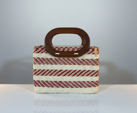 Toquilla Straw Top Handle Handbag – Burgundy & Natural Woven Bag, Wooden Handle Purse, Artisan Ecuador Handbag