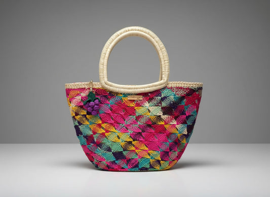 Colorful Toquilla Straw Handwoven Handbag – Artisan Woven Tote, Multicolor Statement Bag, Ecuador Handmade Purse