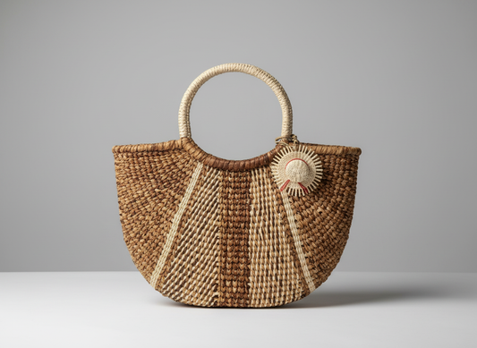 Toquilla Straw Top Handle Handbag – Brown & Natural Woven Bag, Artisan Ecuador Purse, Resort Style Straw Handbag
